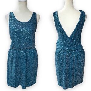 𝅺EXPRESS Teal Sequin Low Surplice Back Cocktail Mini Dress